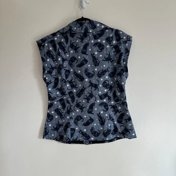 Magnolia Place Retro Black Cat Star Print Button Down Top/Vest, NWT - Picture 6 of 7